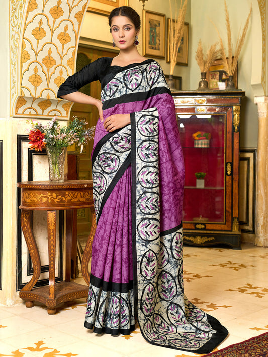 Women's Bhagalpuri Silk Black Printed Designer Saree With Blouse Piece