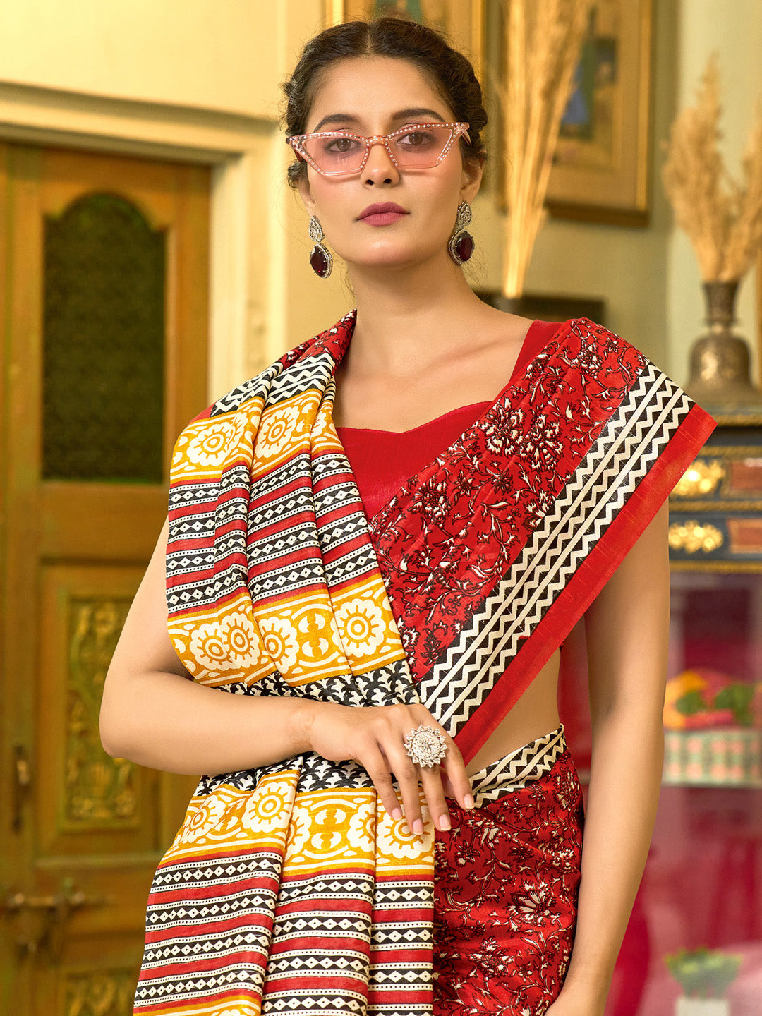 Women's Bhagalpuri Silk Red Printed Designer Saree With Blouse Piece
