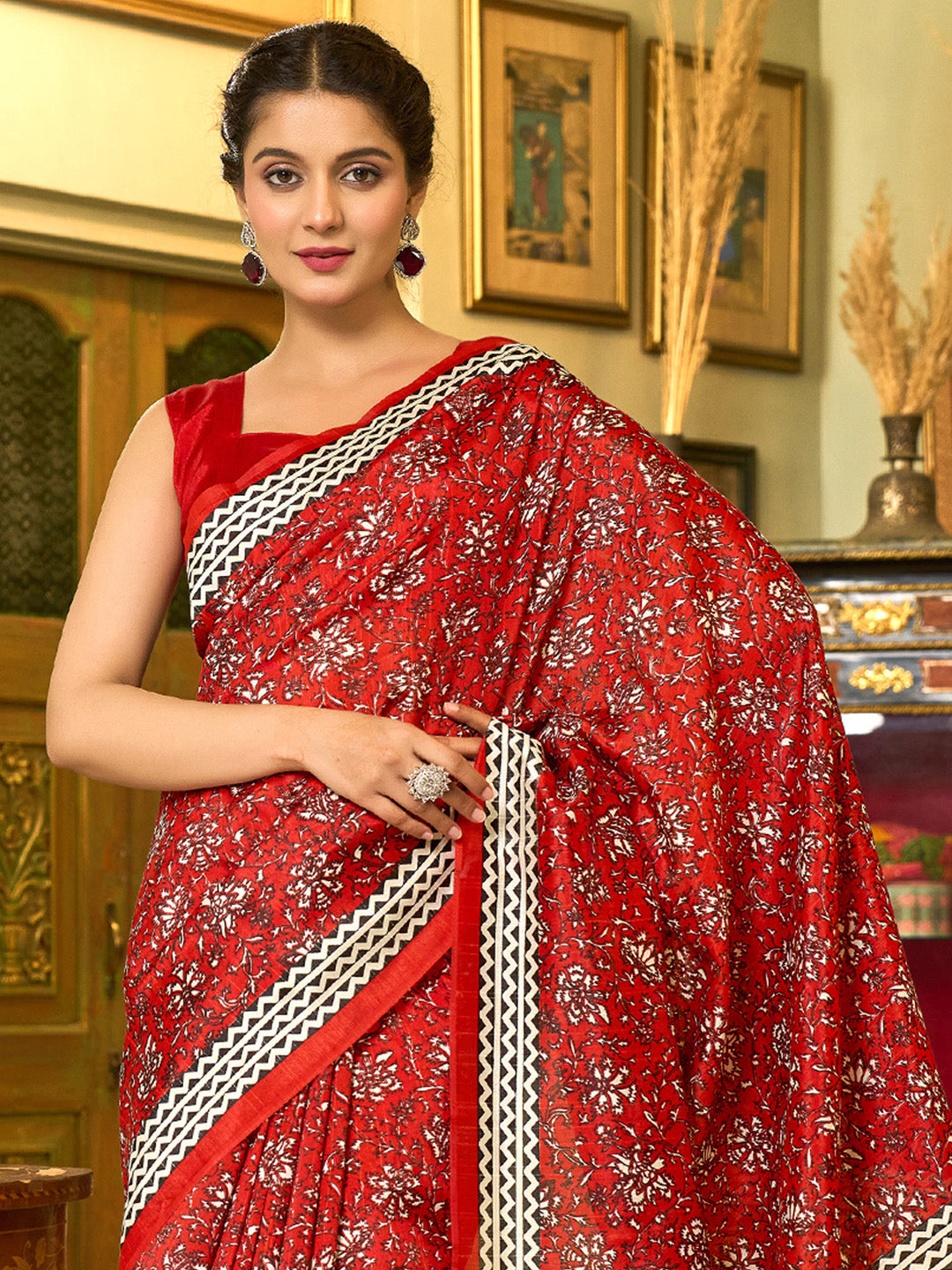 Women's Bhagalpuri Silk Red Printed Designer Saree With Blouse Piece