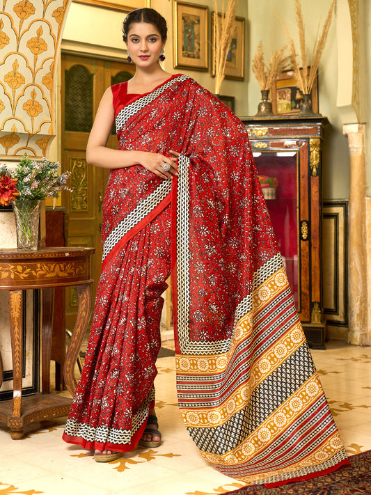 Women's Bhagalpuri Silk Red Printed Designer Saree With Blouse Piece