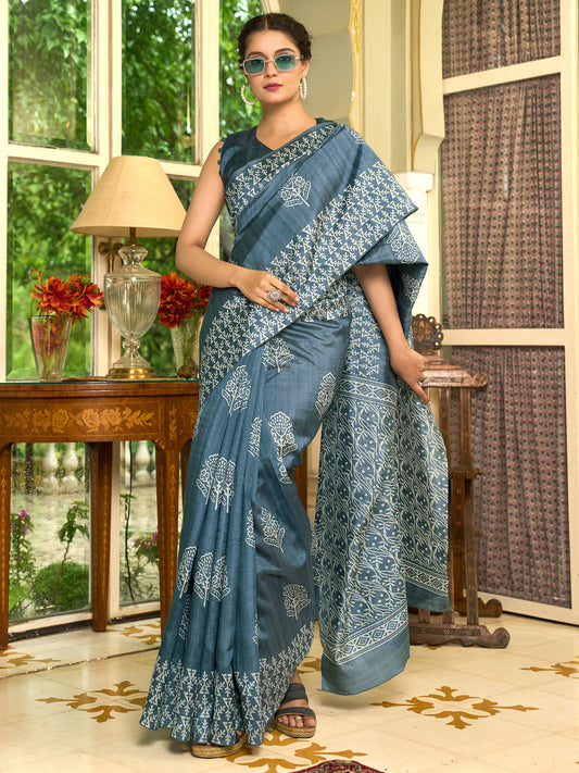 Women's Bhagalpuri Silk Grey Printed Designer Saree With Blouse Piece