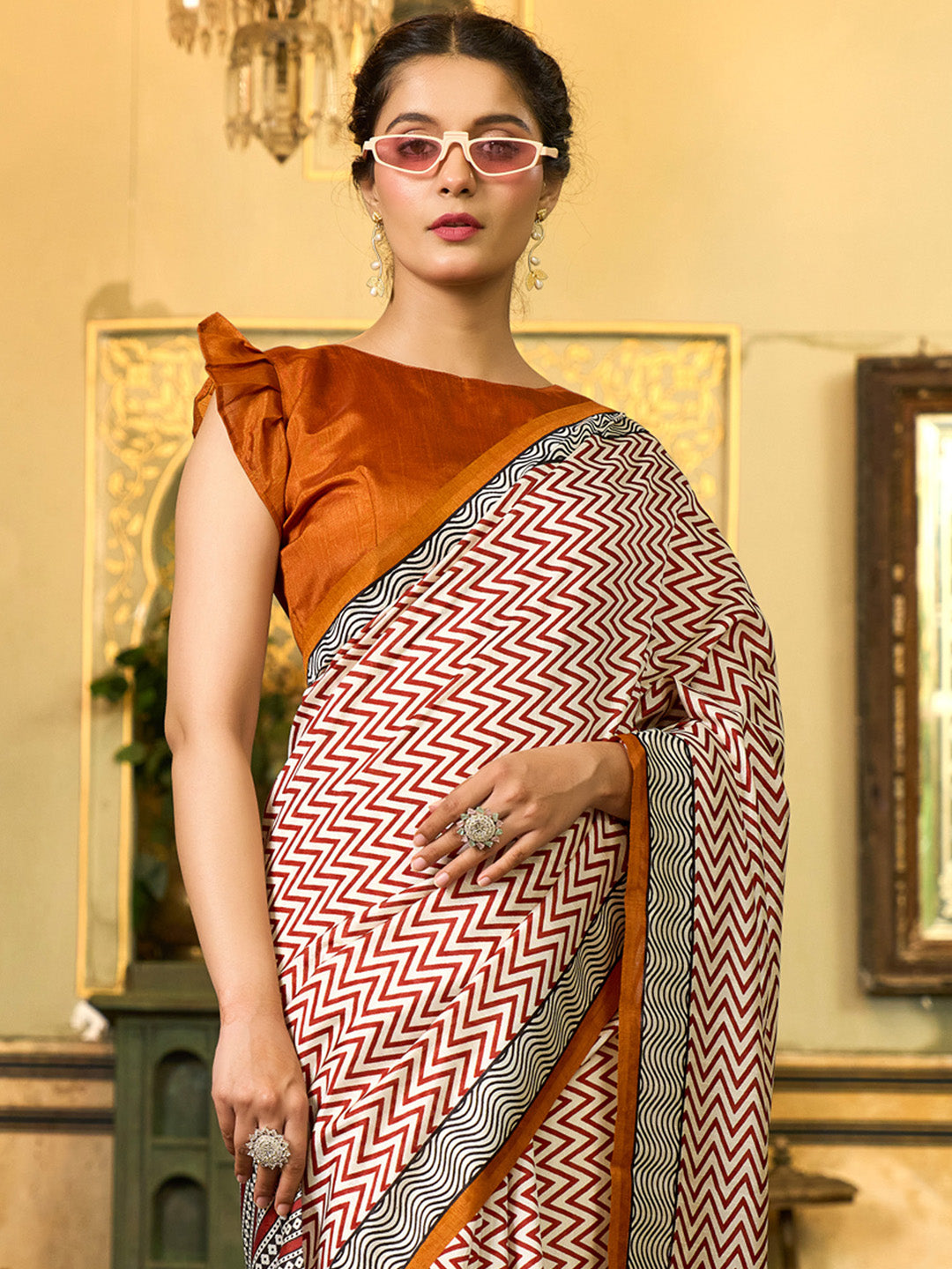 Women's Bhagalpuri Silk Camel Brown Printed Designer Saree With Blouse Piece