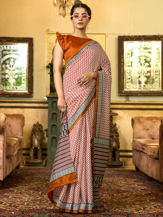 Women's Bhagalpuri Silk Camel Brown Printed Designer Saree With Blouse Piece