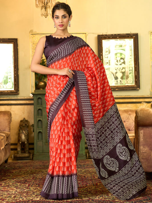 Women's Bhagalpuri Silk Black Printed Designer Saree With Blouse Piece