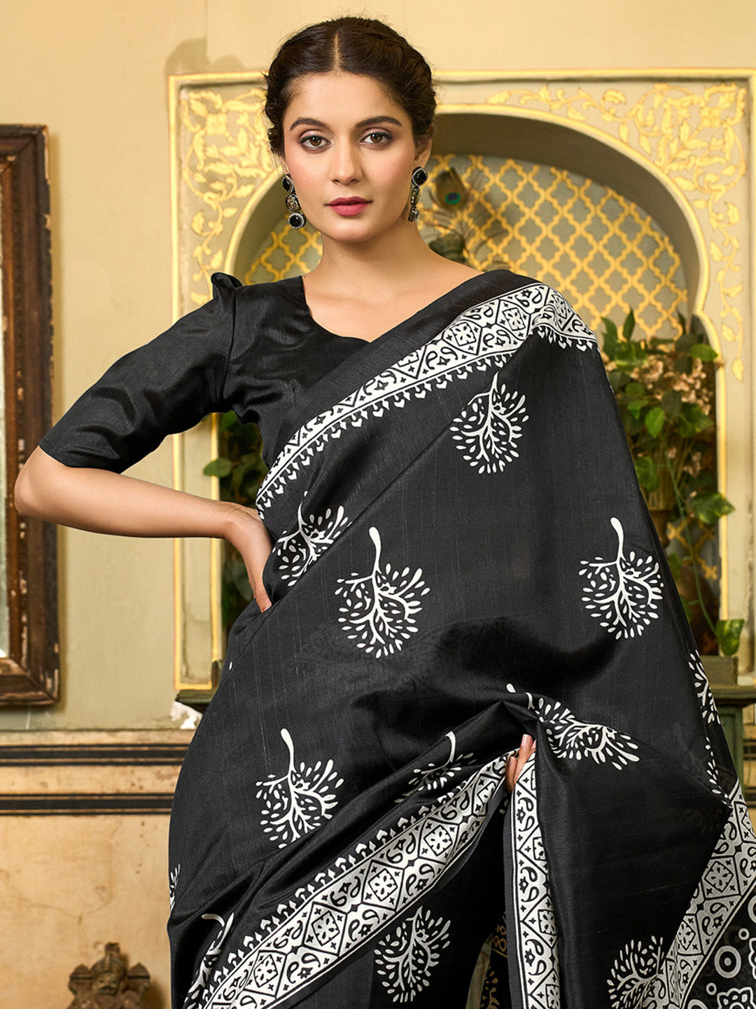 Women's Bhagalpuri Silk Black Printed Designer Saree With Blouse Piece