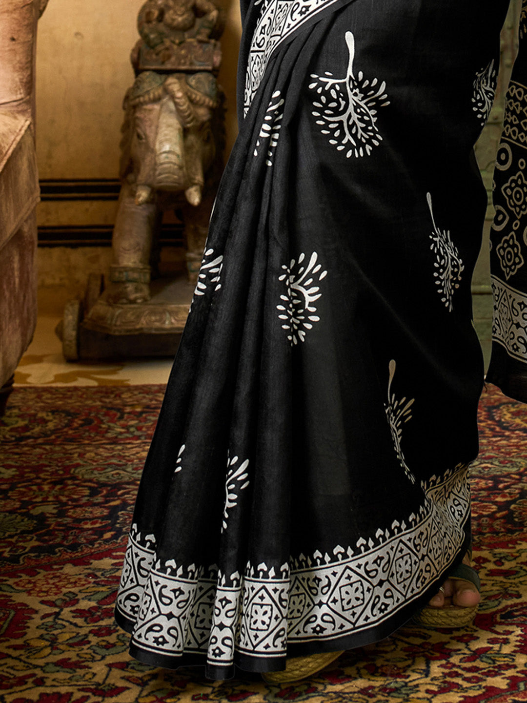 Women's Bhagalpuri Silk Black Printed Designer Saree With Blouse Piece