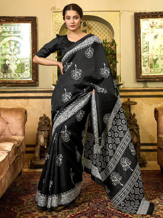 Women's Bhagalpuri Silk Black Printed Designer Saree With Blouse Piece