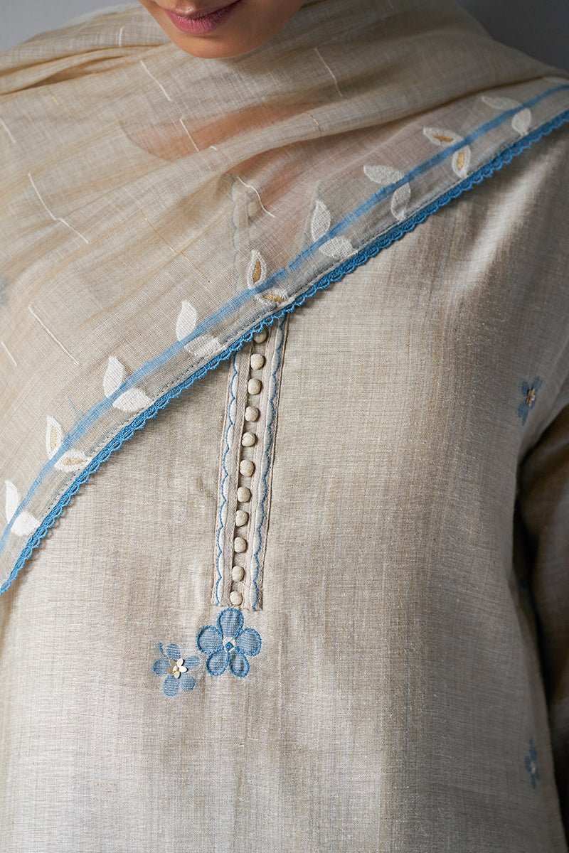 Women's Beige Woven Viscose Chanderi Kurta Suit Set With Delicate Hand Work Detailing