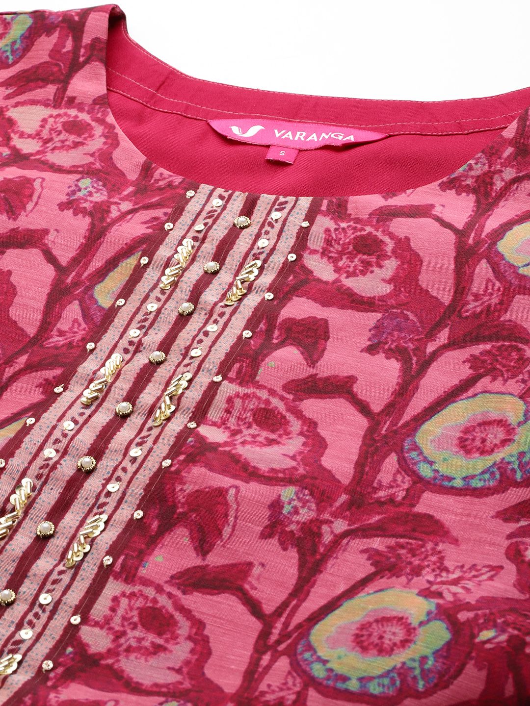 Dhiyona VA Women'sMaroon Floral Printed Beads and Stones Straight Kurta with Trousers & Dupatta