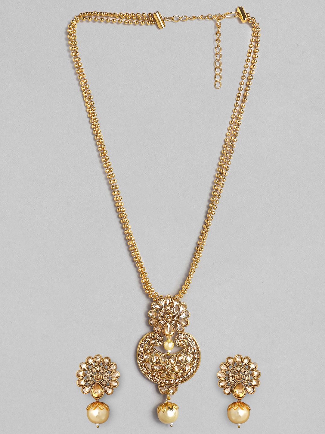 Dhiyona RJ Women's 22K Gold-Plated Kundan Studded Necklace Set with Pearl Drops and Multi-Strand Chain