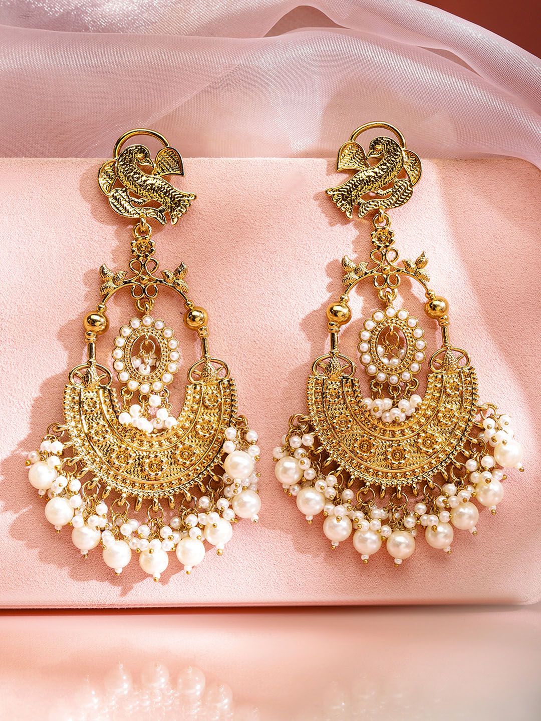 Dhiyona RJ Women's 18K Gold-Plated Large Chandbali Earrings with White Pearl Beaded Accents
