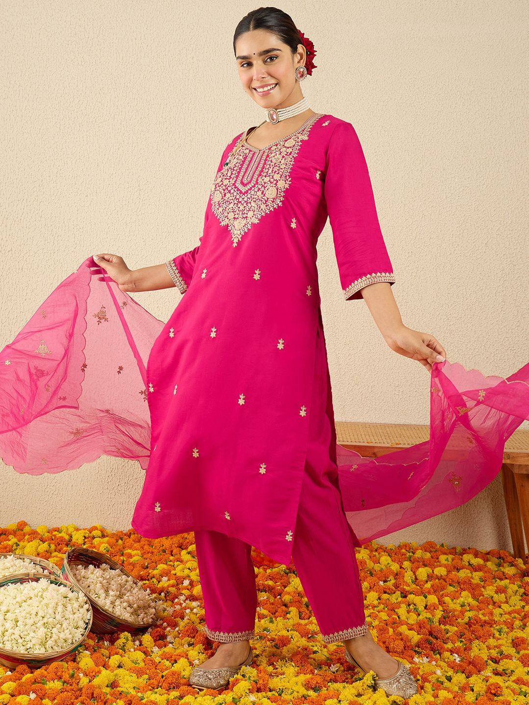 Women Ethnic Motifs Embroidered Sequinned Kurta with Trousers & Dupatta