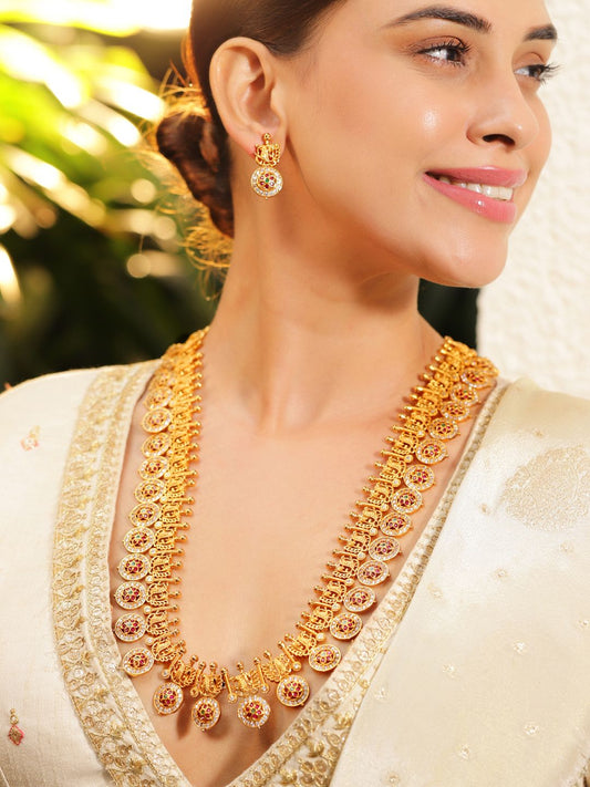 Dhiyona RJ Women's 22K Gold-Plated Traditional Temple NecklaceSet with Ruby,Emerald & Zicronia Accents