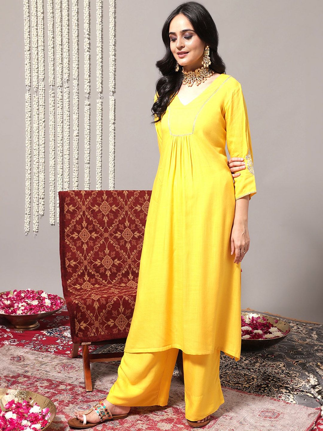 Dhiyona VA Women'sV-Neck A-Line Pleated Kurta with Palazzos & With Dupatta
