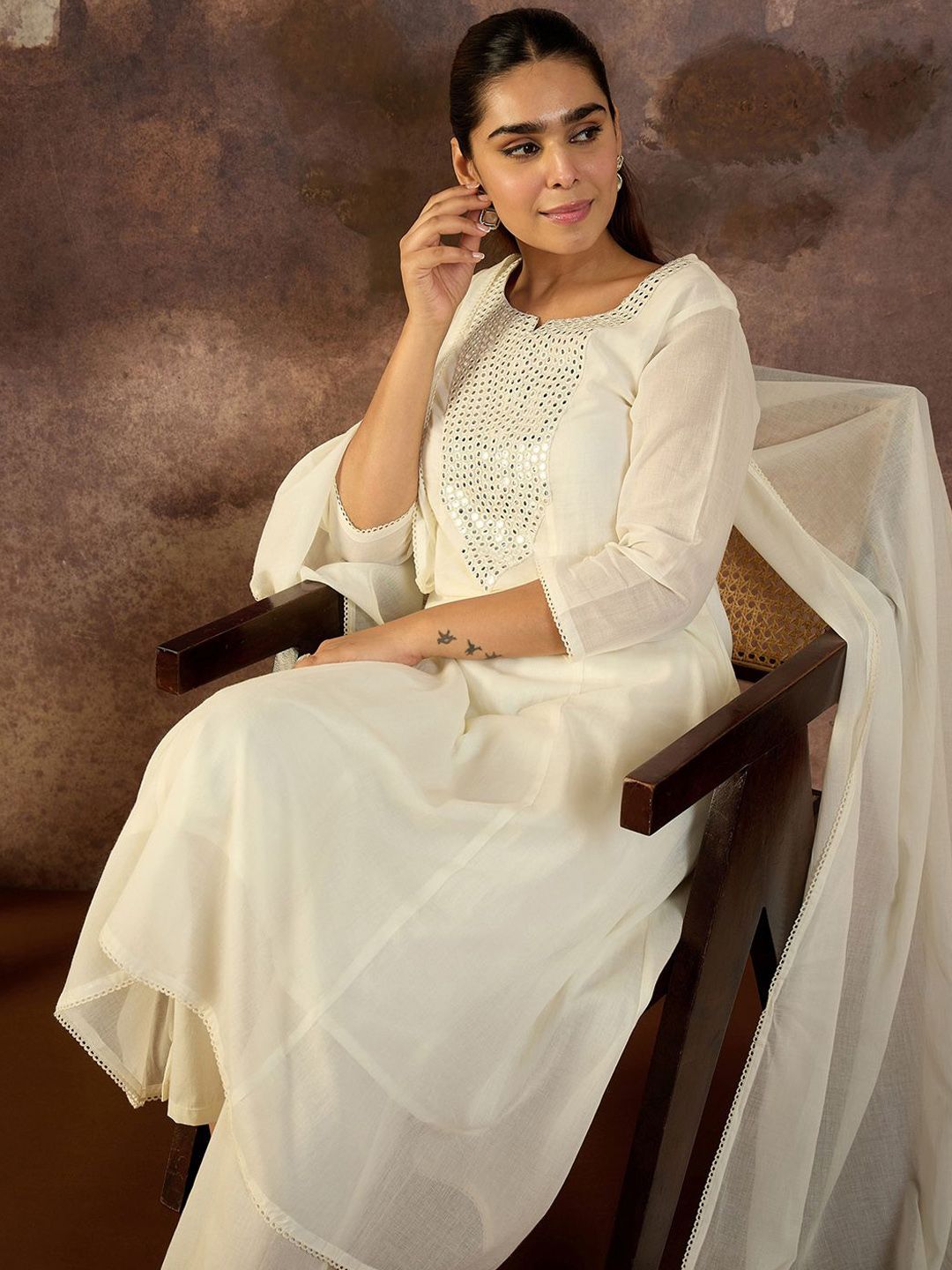 Embroidered Mirror Work Pure Cotton Straight Kurta With Trousers & Dupatta