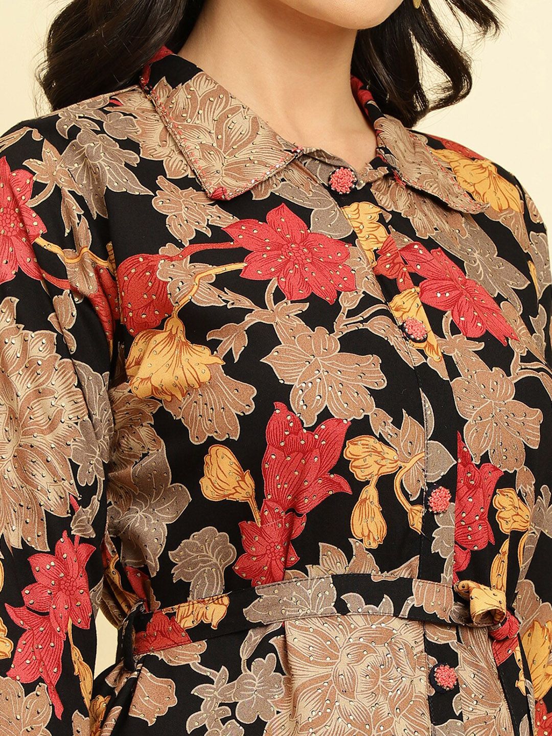 Dhiyona VA Women'sFloral Printed Shirt Collar Fusion Kurta With Trousers