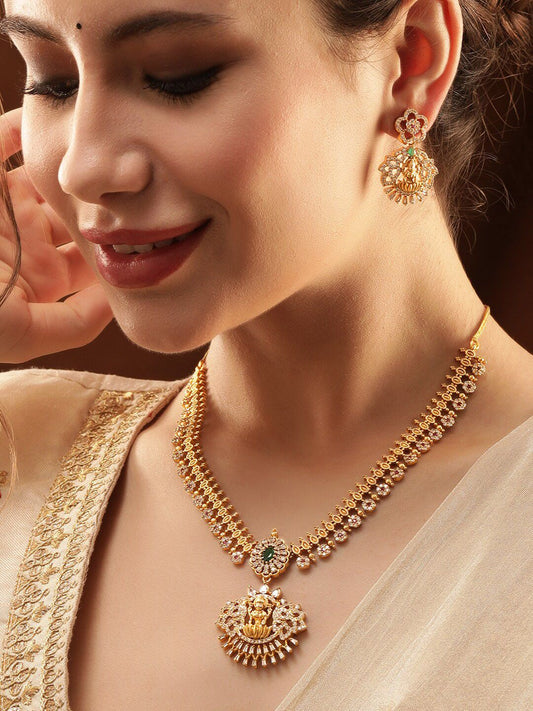 Dhiyona RJ Women's 22K Gold-Plated Emerald & CubicZirconia Temple Necklace Set with Divine Laxmi Motif