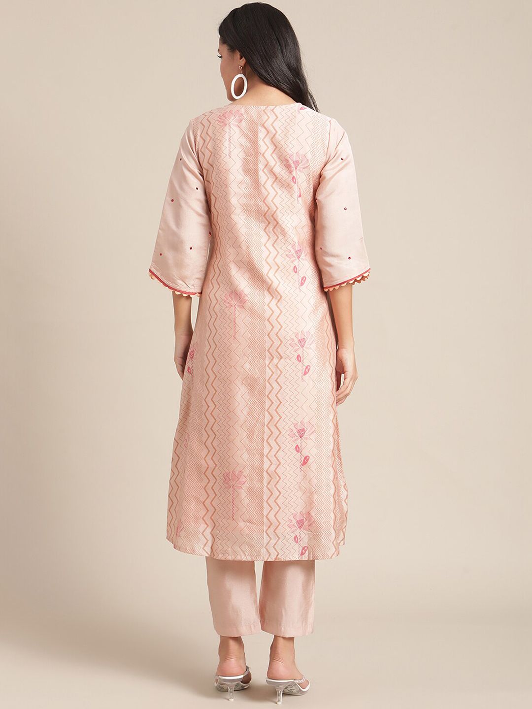 Dhiyona VA Women's Peach-Coloured Printed Regular Kurta with Trousers