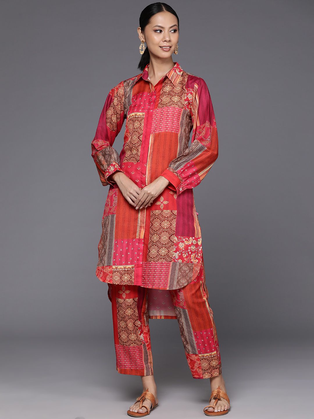 Dhiyona VA Women's Printed Shirt Collar Straight Kurta With Trousers