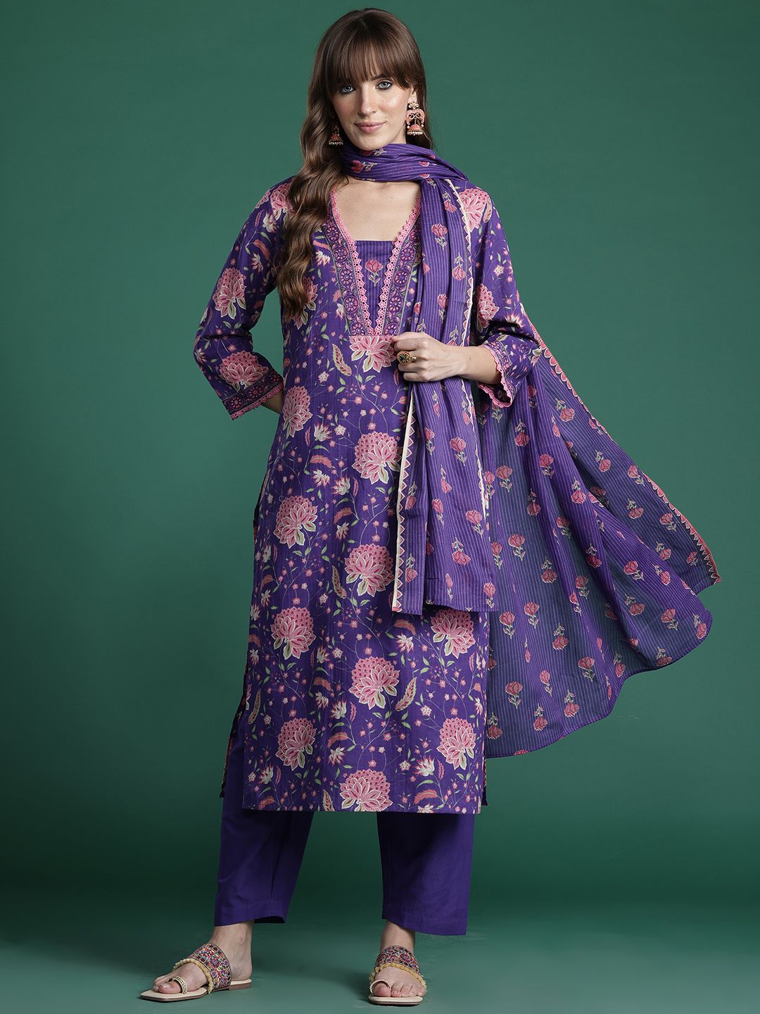Floral Printed Beads & Stones Pure Cotton Kurta with Trousers & With Dupatta