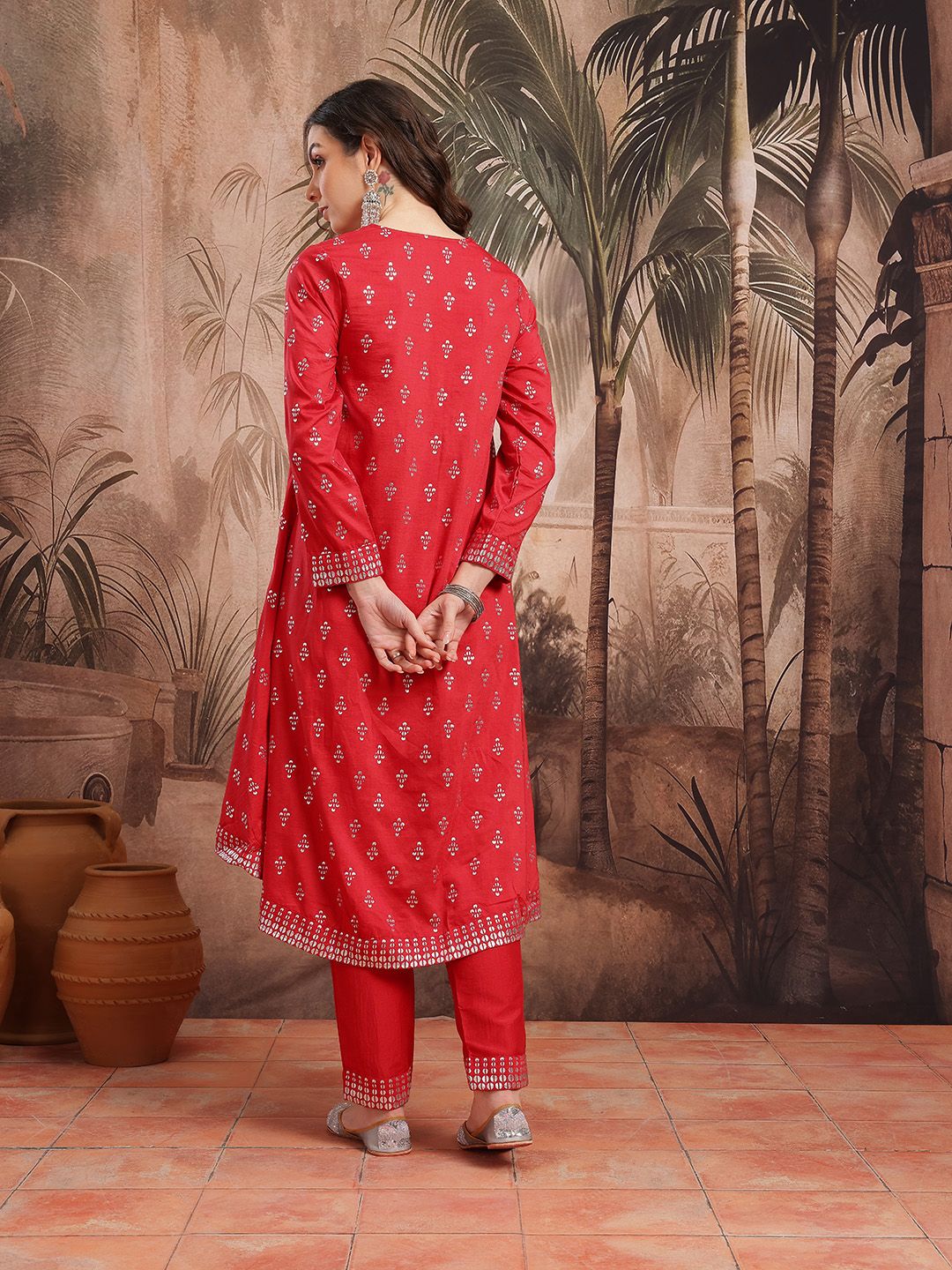 Dhiyona SN Women's Ethnic Motifs Printed with Foil Technique Regular Kurta with Trousers