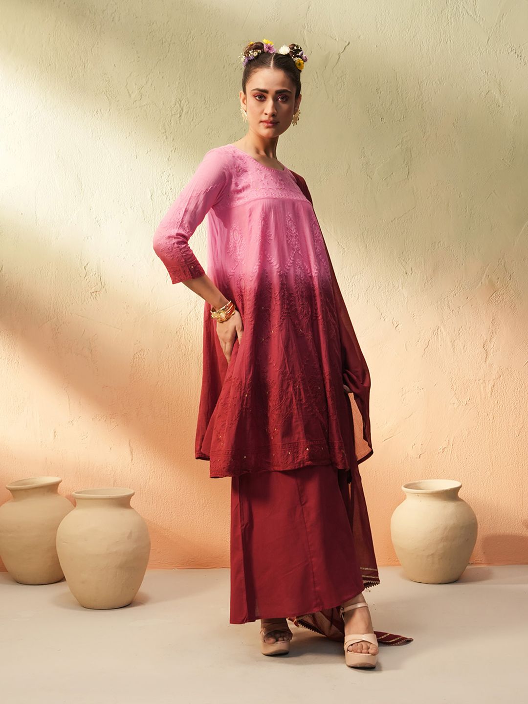Dhiyona IS Women's Women Ombre Embroidered Regular Thread Work Pure Cotton Kurta with Palazzos & With Dupatta