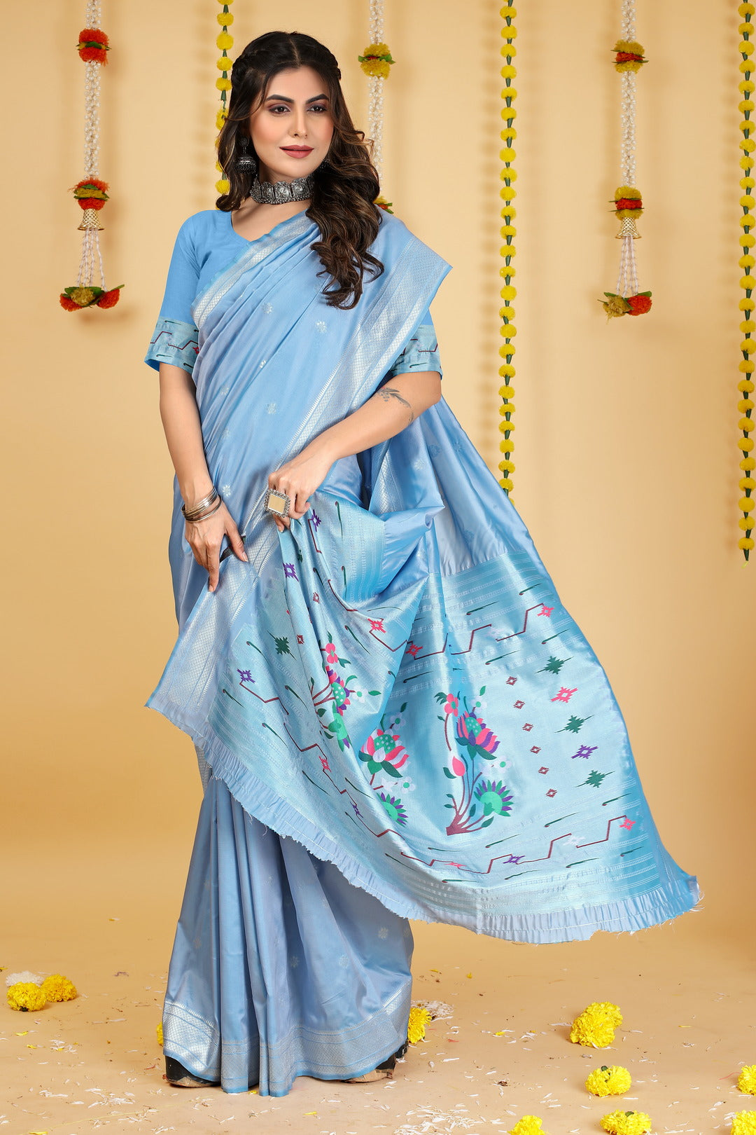Dhiyona GR Women's Mastani Sky Blue Zari Paithani Silk Saree