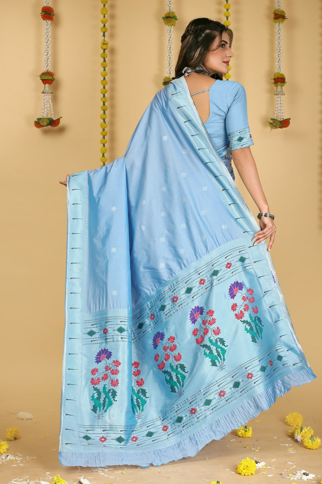 Dhiyona GR Women's Mastani 2 Sky Blue Zari Paithani Silk Saree