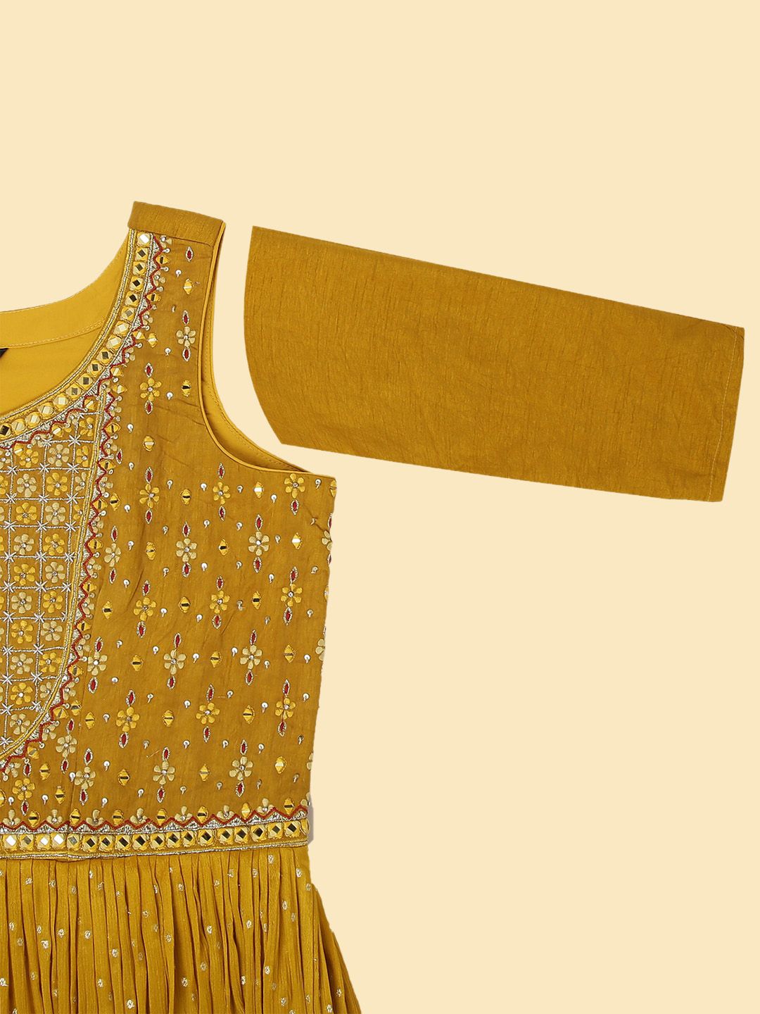 Dhiyona SO Women's Mustard Yellow Floral Embroidered Sequinned Anarkali Kurta with Churidar & Dupatta