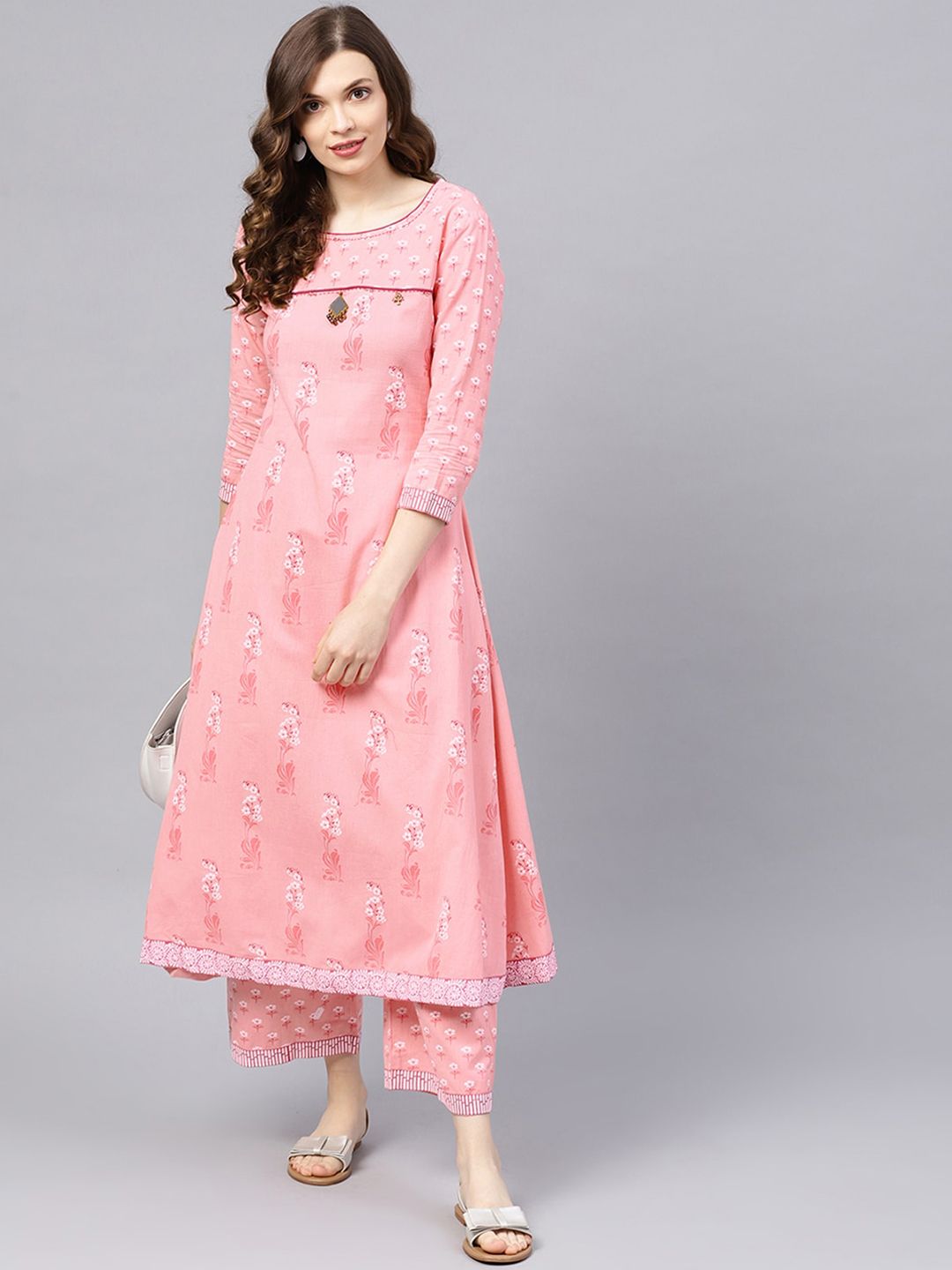 Dhiyona IS Women's Floral Printed Beads and Stones Pure Cotton Kurta with Palazzos