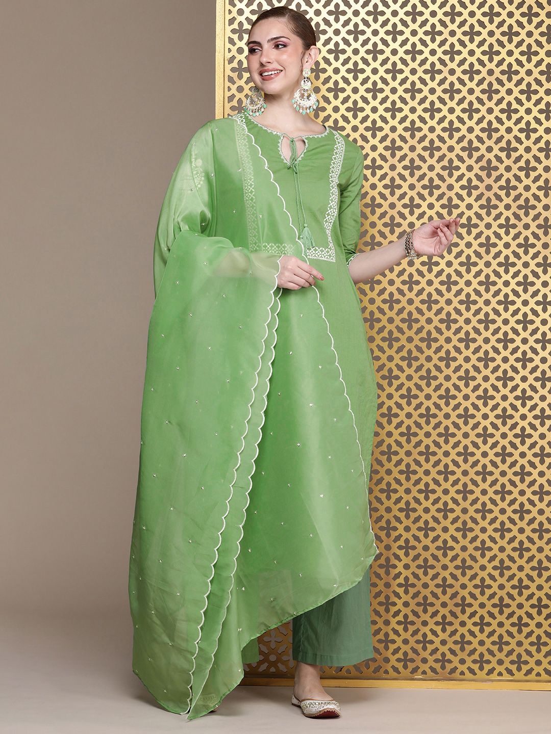 Dhiyona PD Women Jashn Ethnic Motifs Embroidered Pure Cotton Kurta with Palazzos & Dupatta