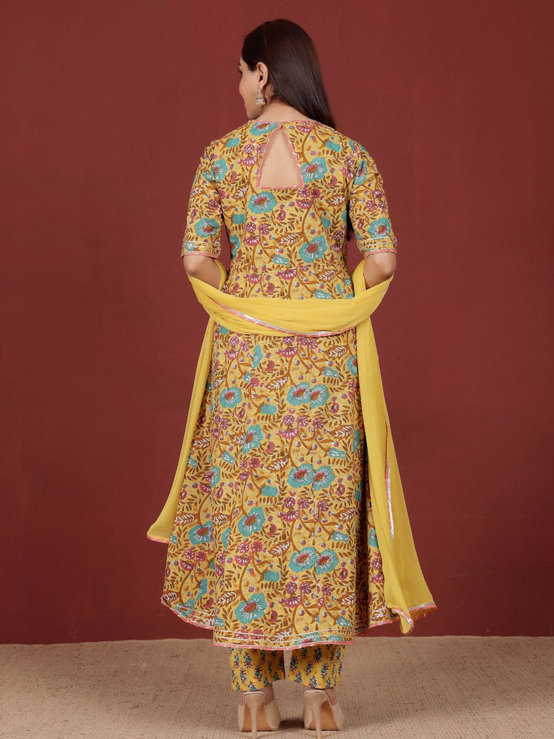 Dhiyona VA Women's Floral Printed Regular Gotta Patti Pure Cotton Kurta, Trousers with Dupatta