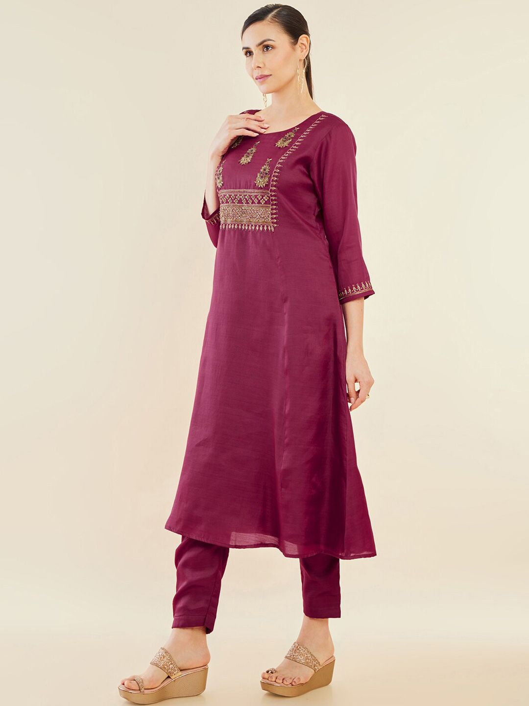 Dhiyona SO Women's Maroon Ethnic Motifs Embroidered Regular Sequinned A-Line Kurta With Trousers