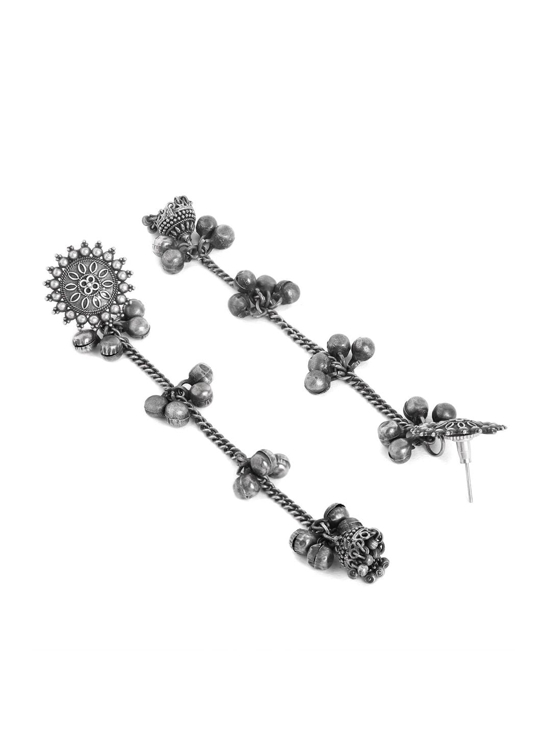 Dhiyona RJ Women's Oxidised Silver Plated Flower Motif & Ghungroo Beaded Shoulder Duster Drop Earrings