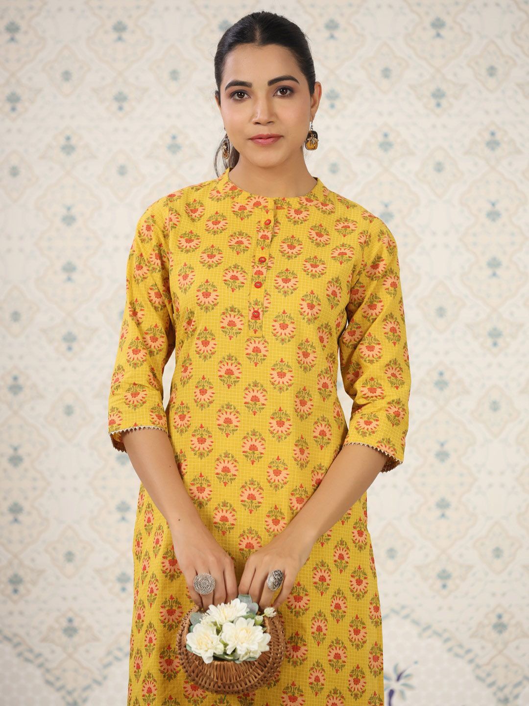 Dhiyona OD Ethnic Motifs Printed Band Collar Pure Cotton Kurta with Trousers