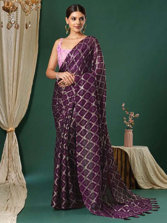 Women's Chiffon Pink Printed Designer Saree With Blouse Piece