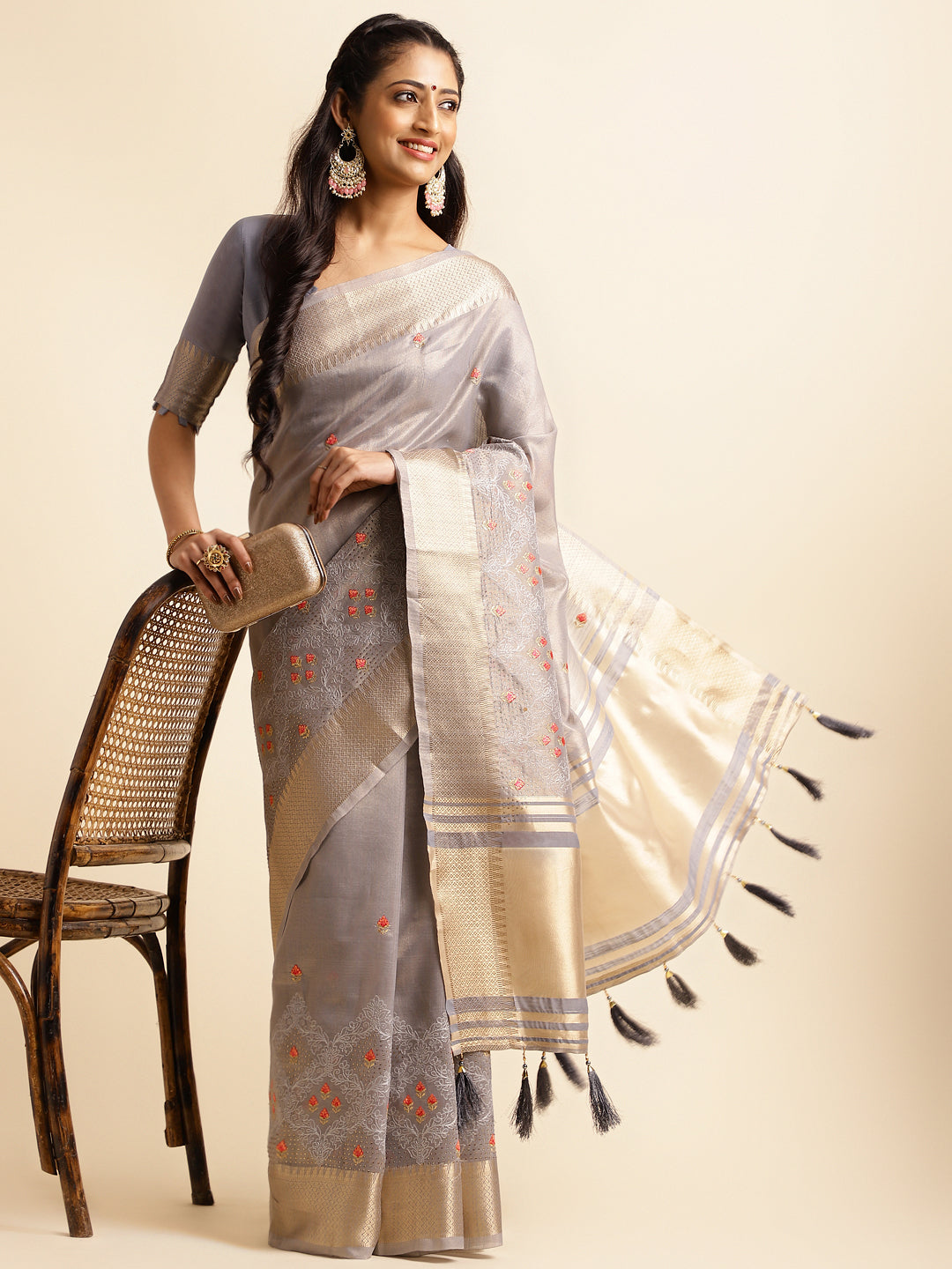 Dhiyona GR Women's Savi Grey Cotton Khadi Silk Saree