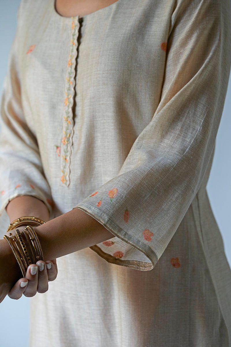 Women's Beige Woven Viscose Chanderi Kurta Suit Set With Delicate Hand Work Detailing and Embroidery Placket