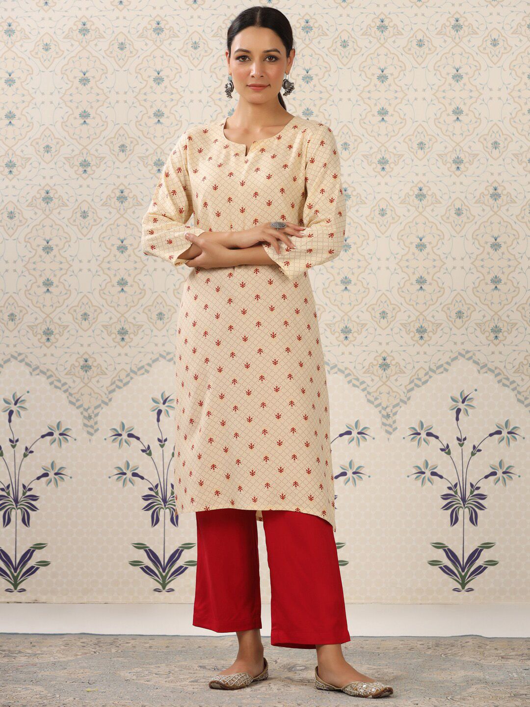 Dhiyona OD Cream-Coloured & Red Printed Notched Neck Kurta With Palazzos
