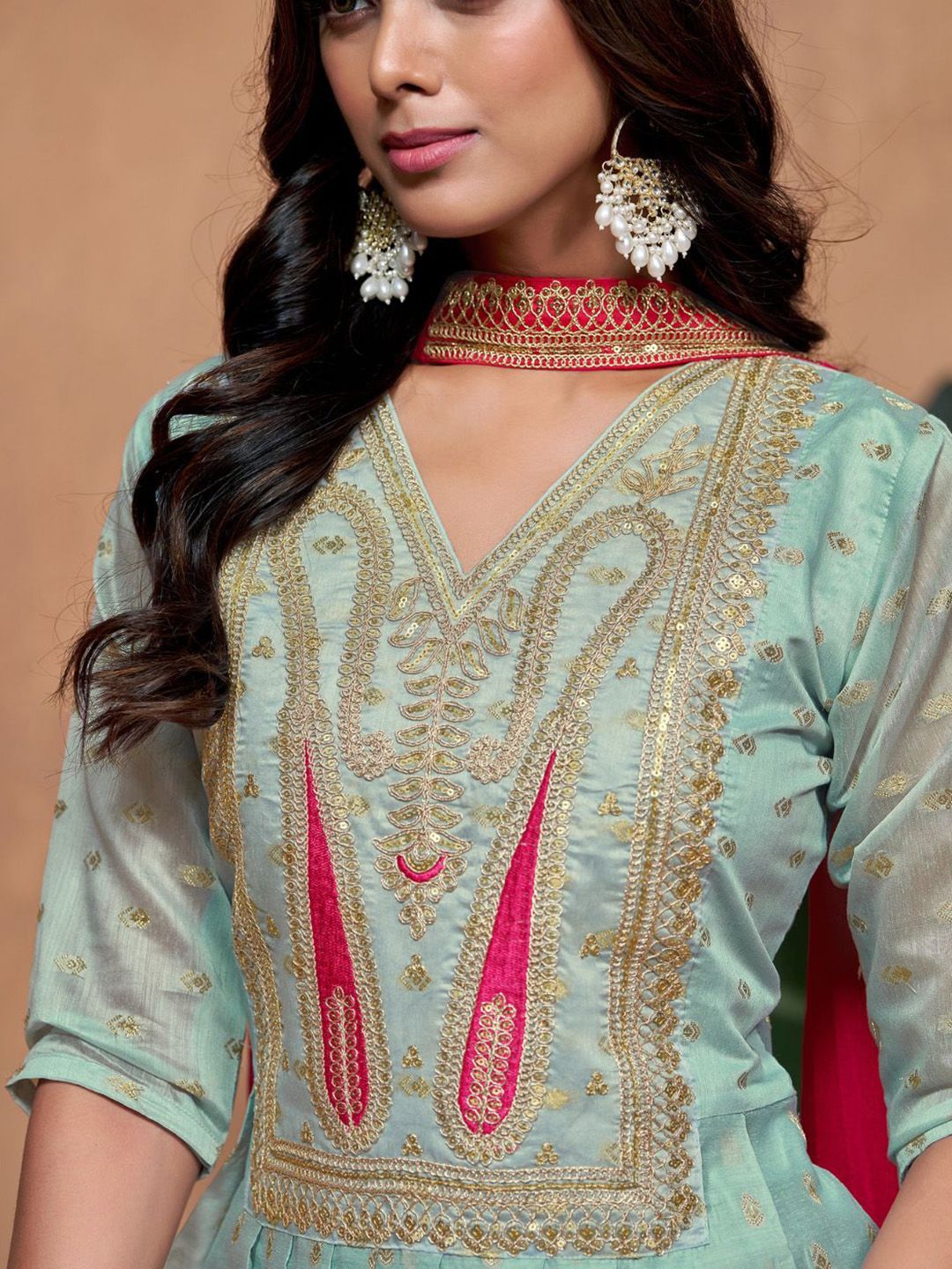 Dhiyona SN Women's Paisley Embroidered V-Neck Short Sleeves Chanderi Silk Kurta & Sharara & Dupatta