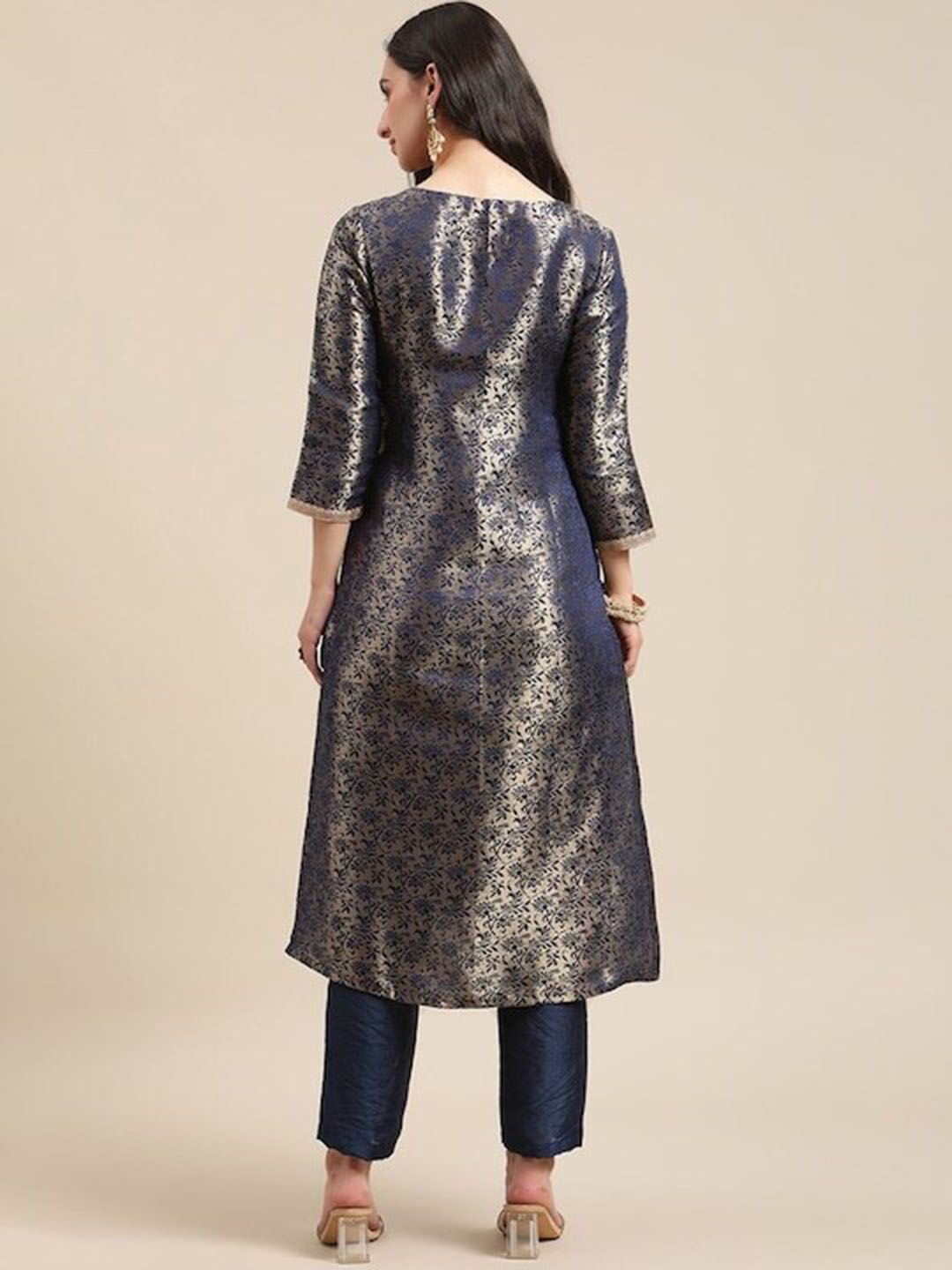 Dhiyona VA Women's Blue & Gold Floral Brocade Gotta Patti Straight Winter Kurta with Trousers