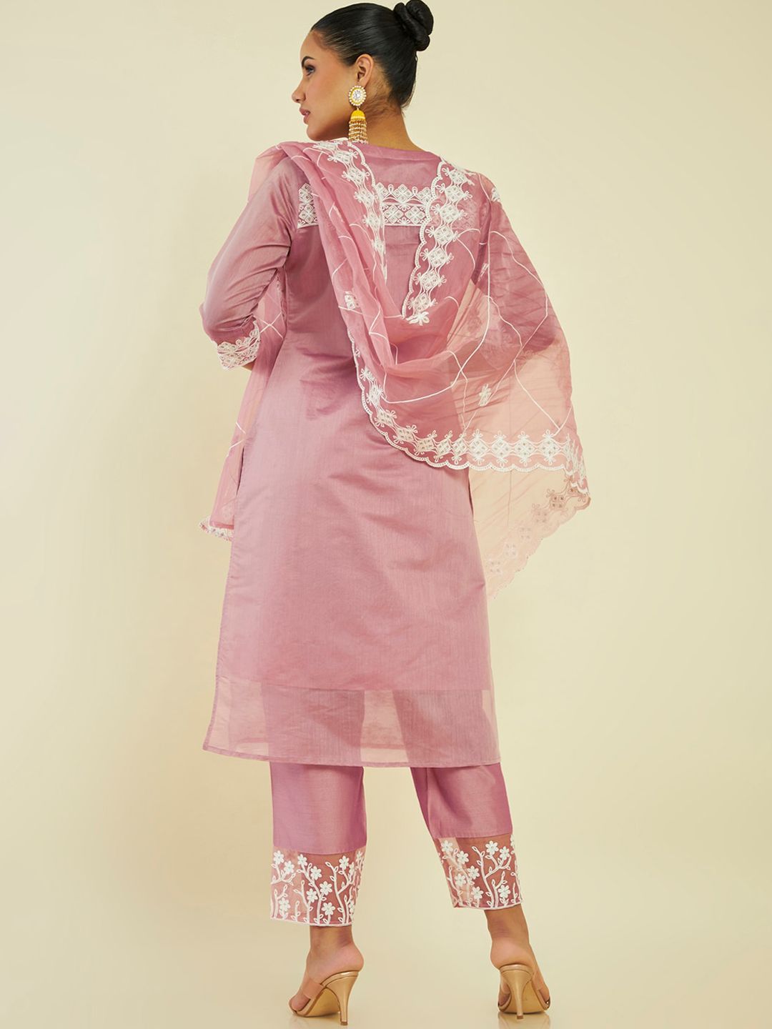 Dhiyona SO Women's Ethnic Motifs Embroidered Panelled Chanderi Silk Kurta with Palazzos & Dupatta
