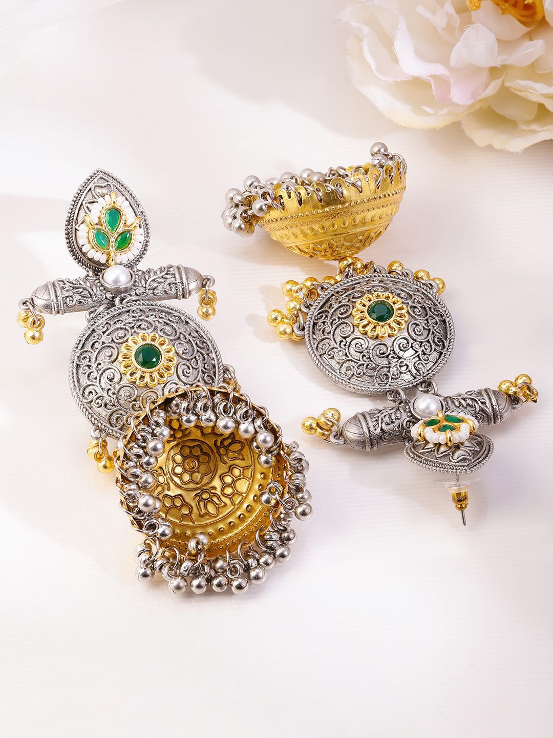 Dhiyona RJ Women's Silver & Gold Dual-Plated Oxidised Long Green Stone with Gold & Silver Beads Jhumka