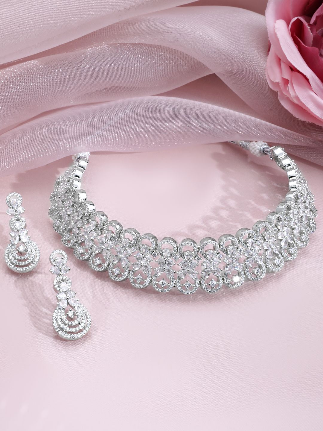 Dhiyona RJ Women's Rhodium-Plated Cubic Zirconia Studded Floral Design Choker Necklace Set