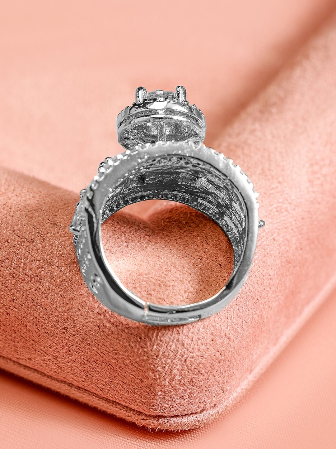 Dhiyona RJ Women's Women Rhodium Plated Cubic Zirconia Studded Adjustable Finger Ring