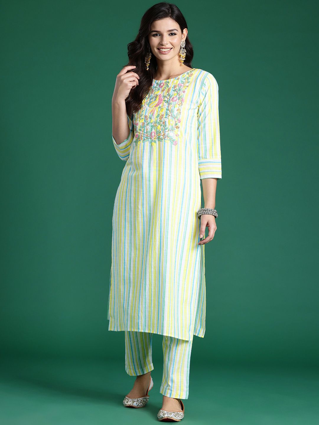 Dhiyona IE Women Striped Regular Thread Work Pure Cotton Kurta with Trousers