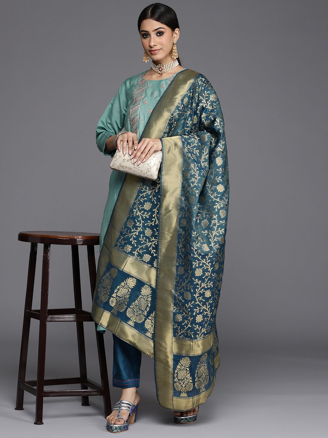Dhiyona VA Women's Blue Ethnic Motifs Embroidered Kurta with Trousers & Dupatta