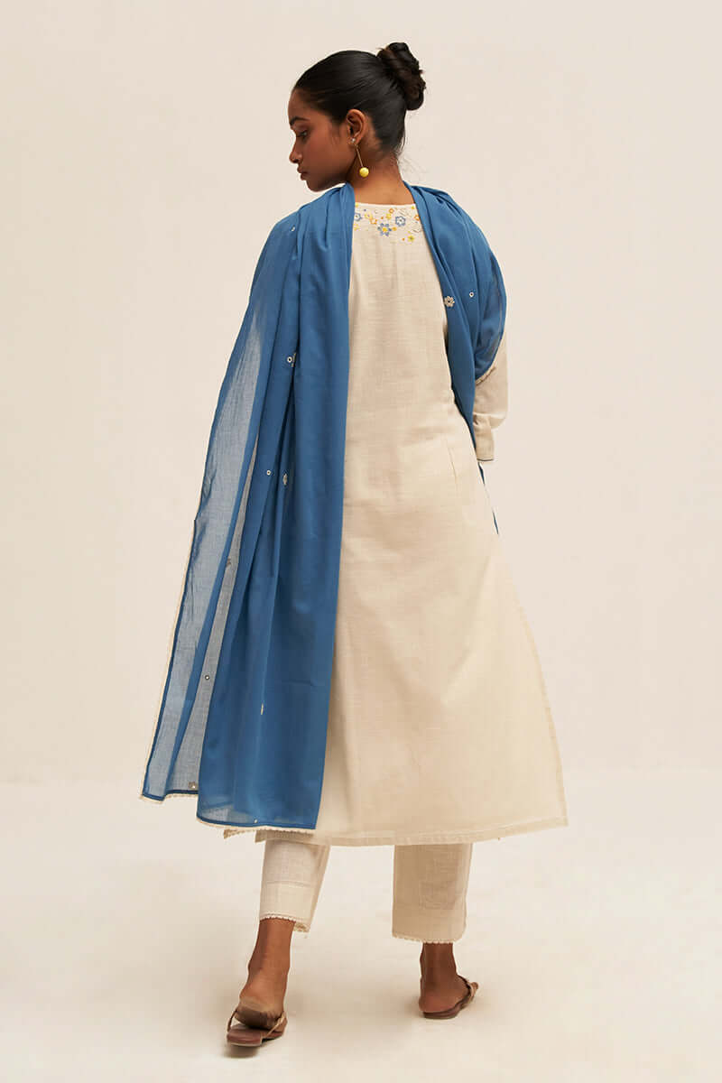 Women's Cream and Blue Cotton Linen Embroidered Salwar Suit