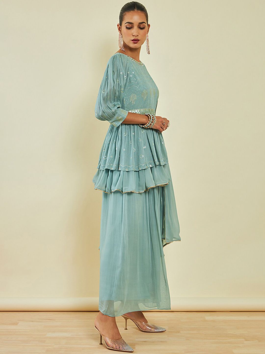 Dhiyona SO Women's Blue Embroidered Puff Sleeve Layered Sequinned Kurti & Palazzos With Dupatta