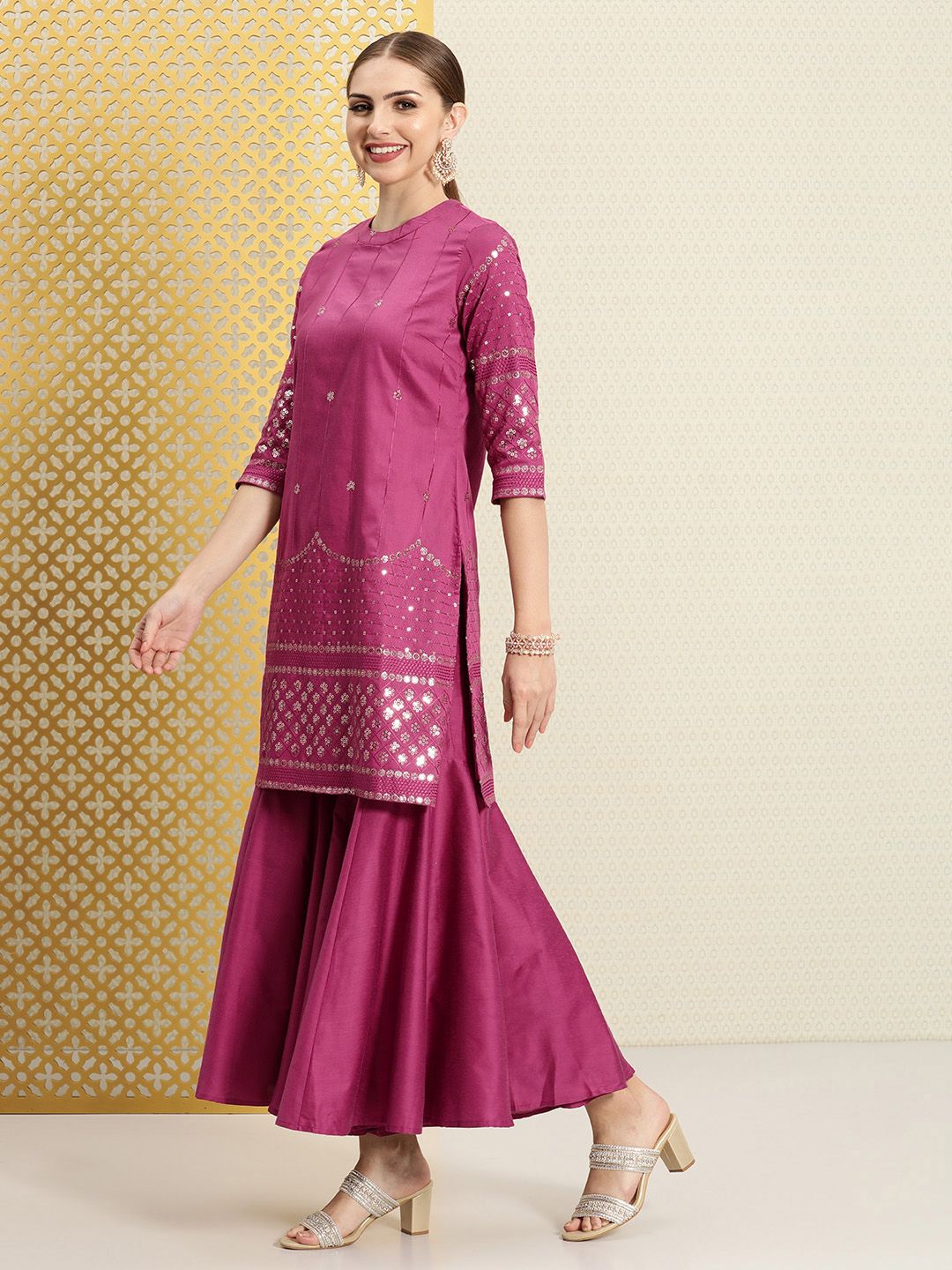Dhiyona PD Women Women Floral Embroidered Sequinned Jashn Kurta with Sharara & Dupatta